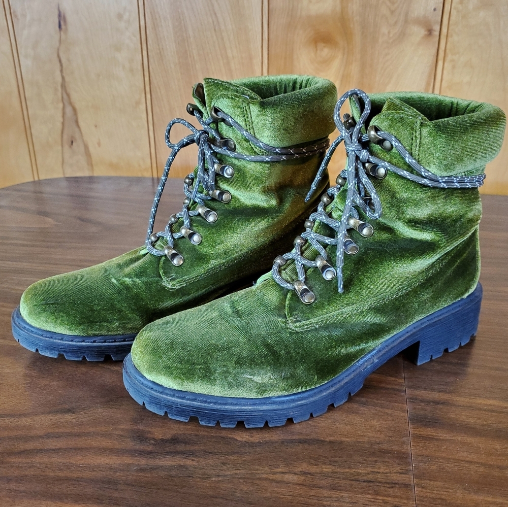 Dolls Kill Green Velvet Combat Boots